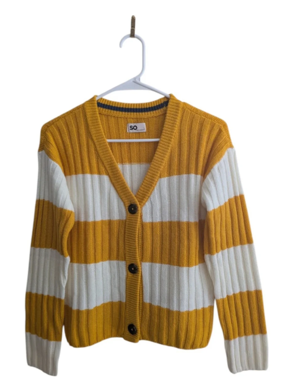 SO Mustard Yellow & White Striped Cropped Cardigan Sweater Y2K Size L NWOT